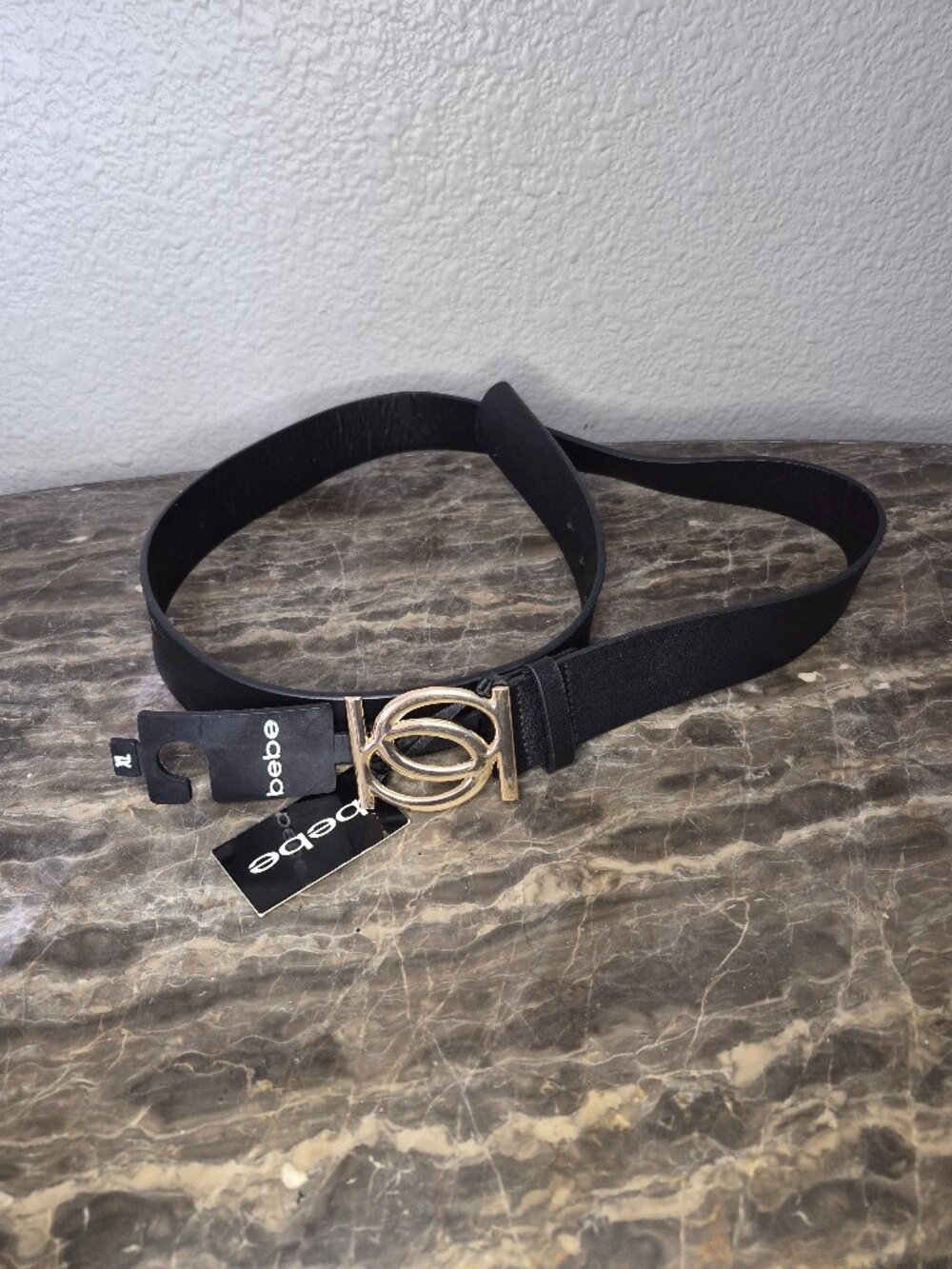 NWT Bebe Womens Black Belt W/ Gold Buckle Size: X-Large